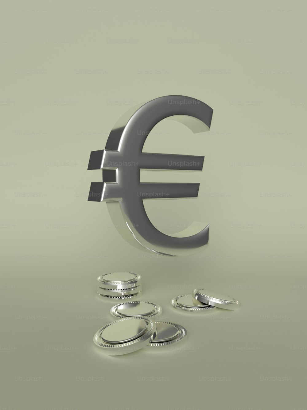 um sinal de euro de metal com algumas moedas em torno dele