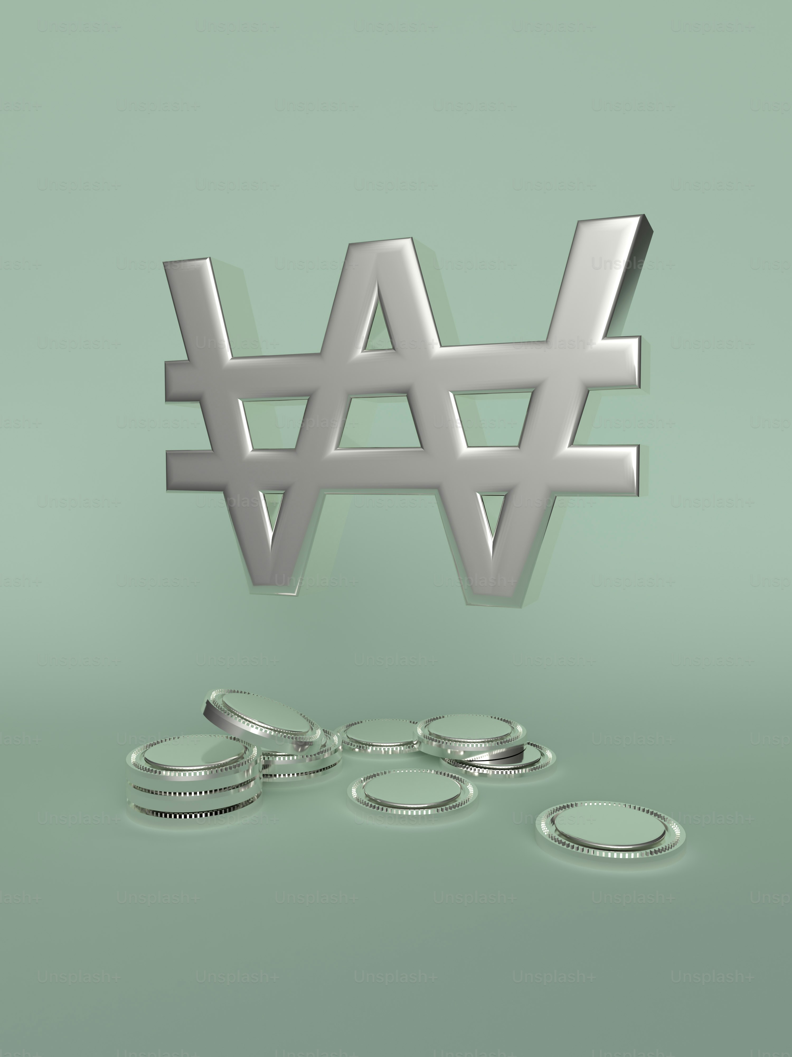 a 3d rendering of the word w and some coins