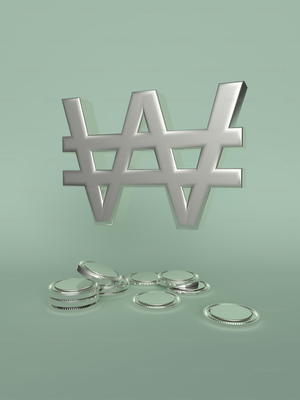 eine 3D-Darstellung des Wortes W und einiger Münzen