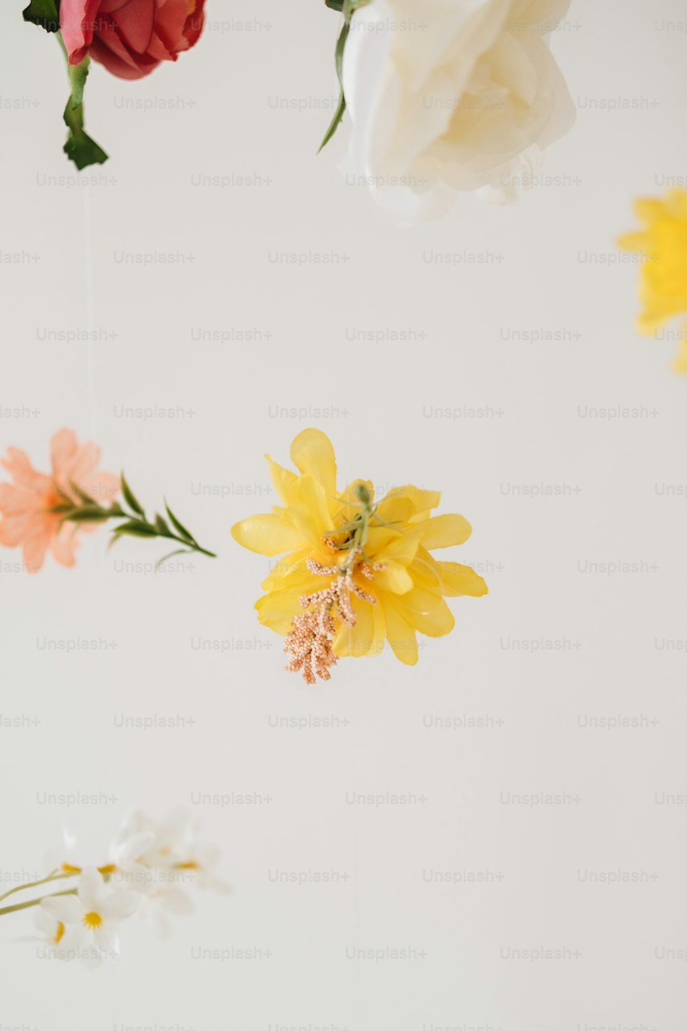 a bunch of flowers hanging from a ceiling