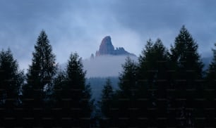 a tall mountain surrounded by trees under a cloudy sky