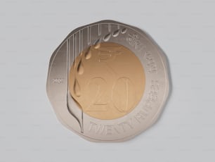 un primo piano di una moneta su una superficie bianca