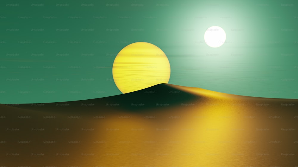 太陽を背景にした砂漠の絵