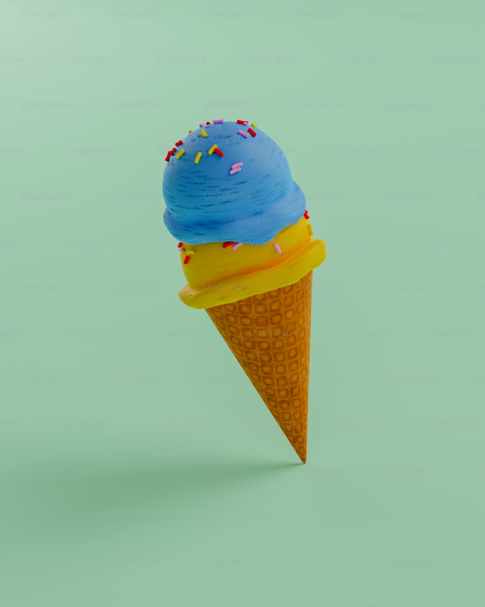 an ice cream cone with sprinkles on a green background