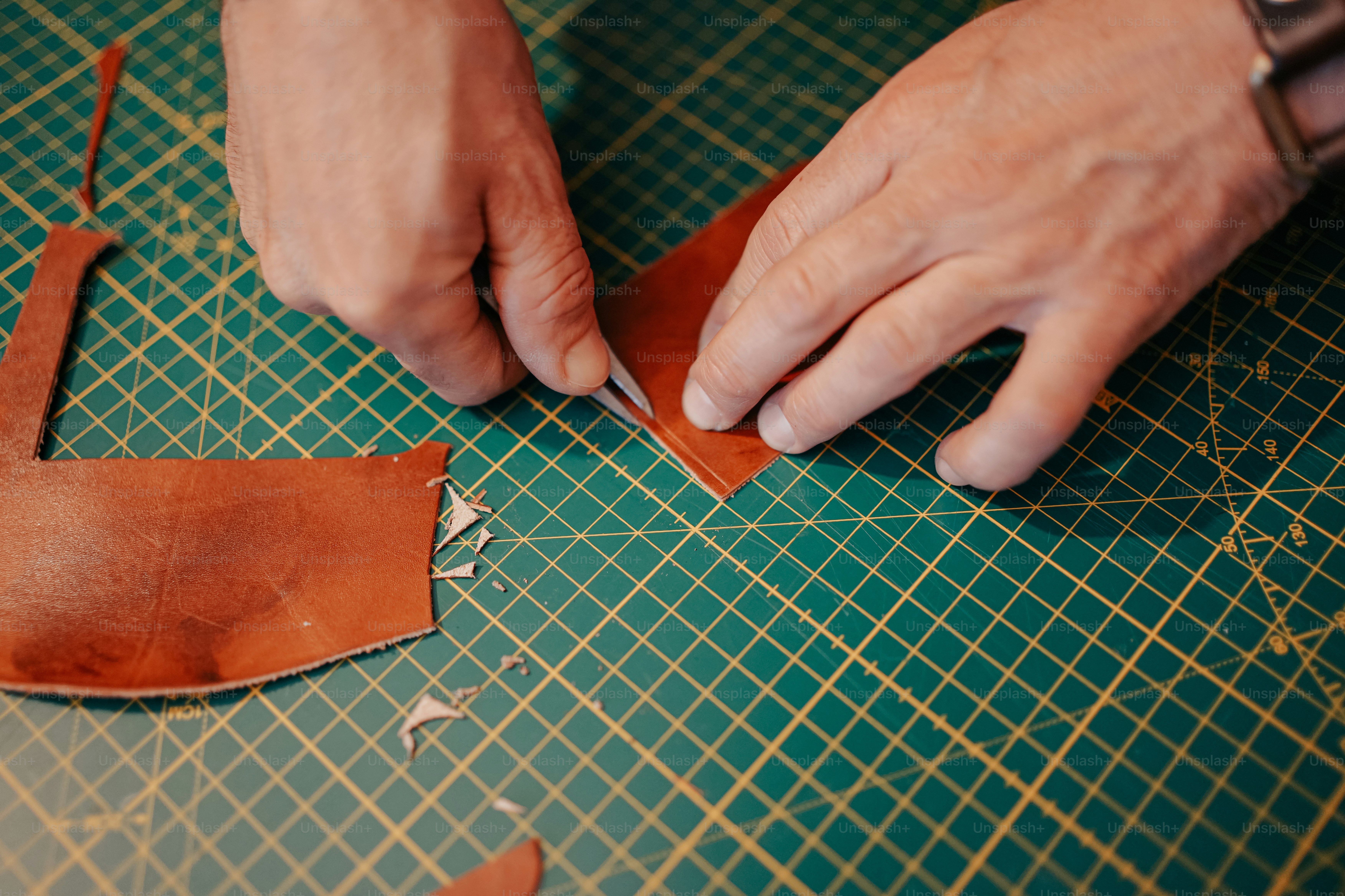a person cutting a piece of leather with a pair of scissors