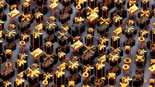 um grupo de caixas de presente pretas e douradas