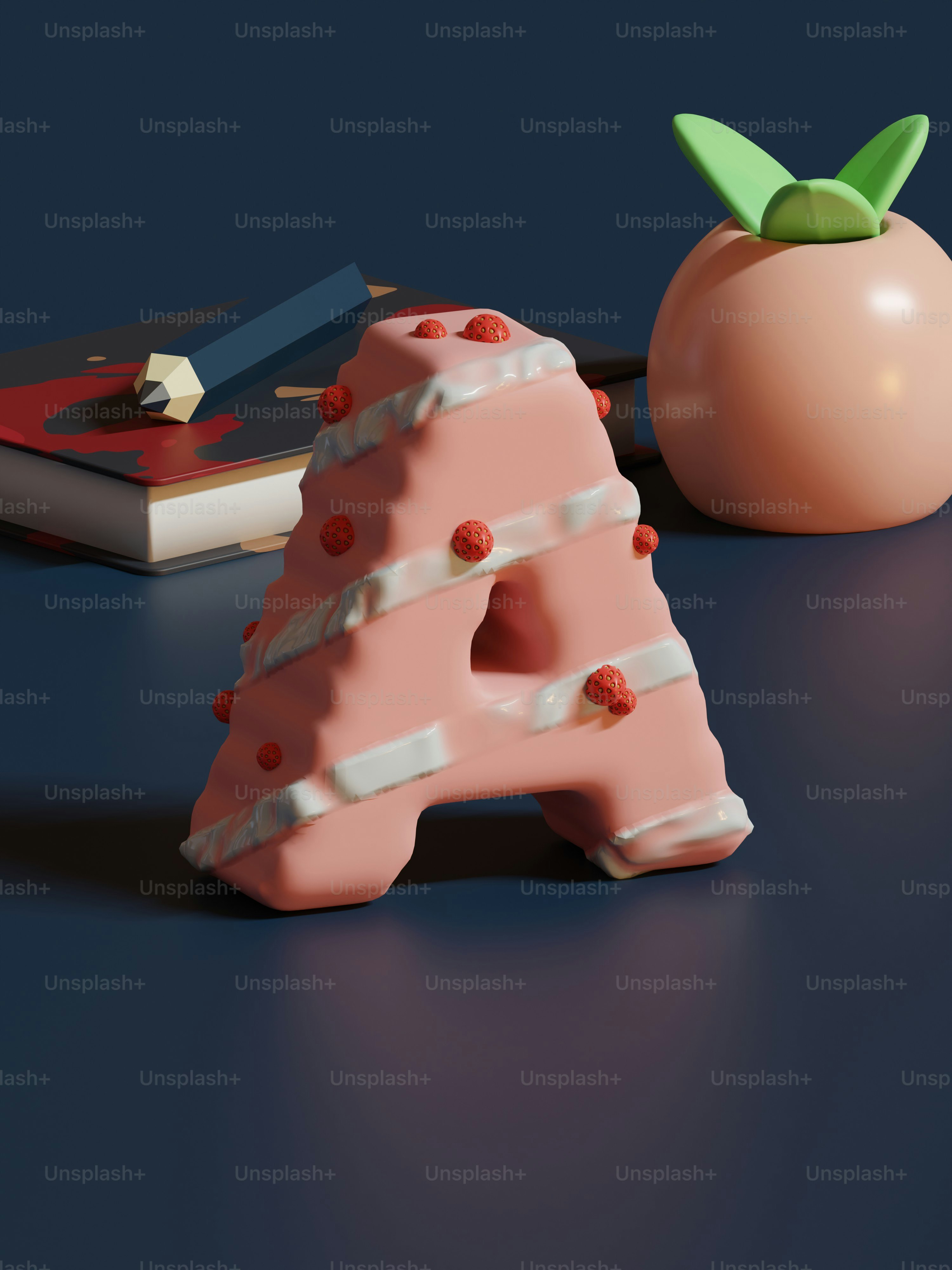 Un pedazo de pastel junto a un libro y una manzana