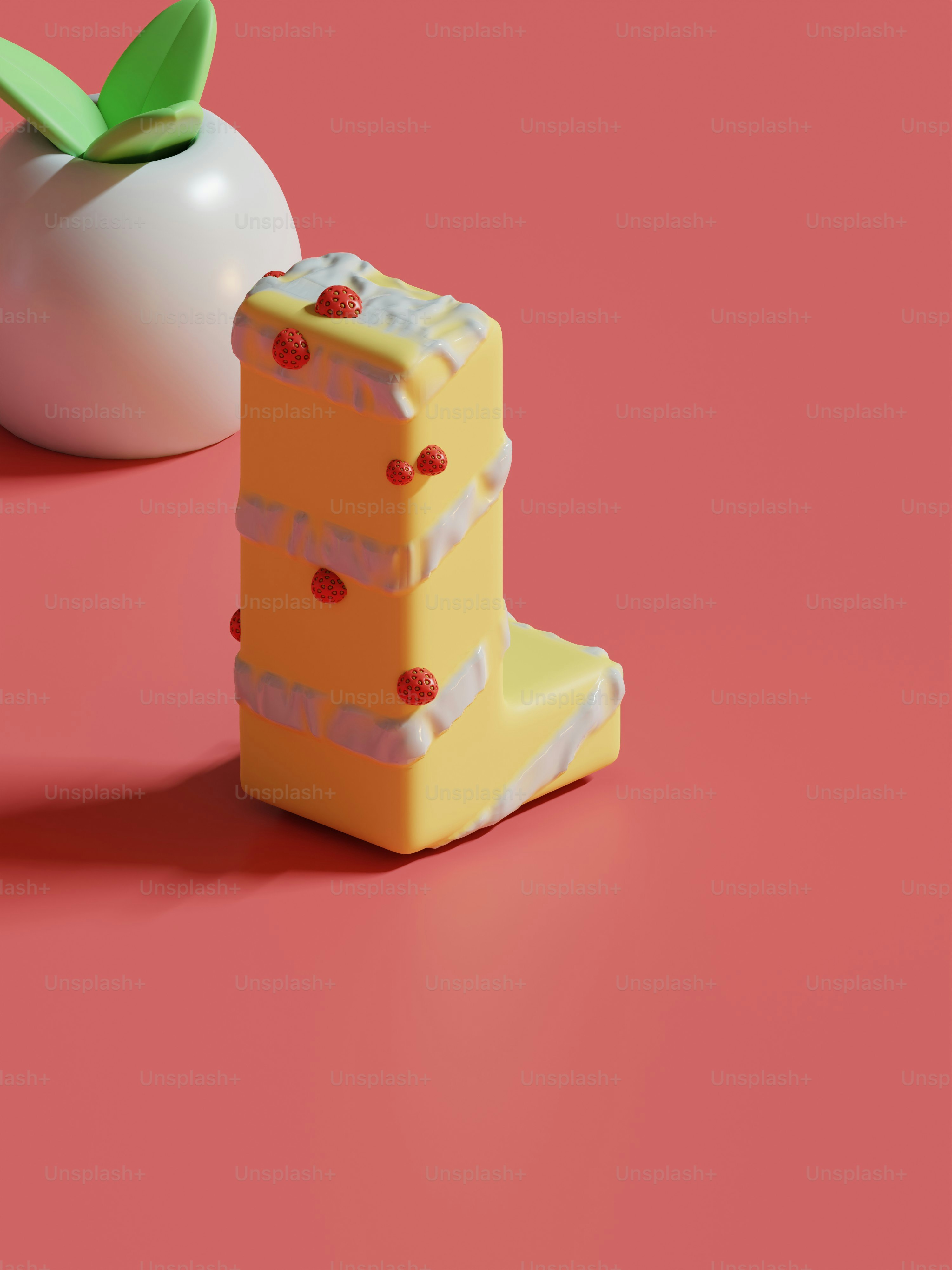 Ein Stück Kuchen neben einem Apfel auf einer rosa Oberfläche