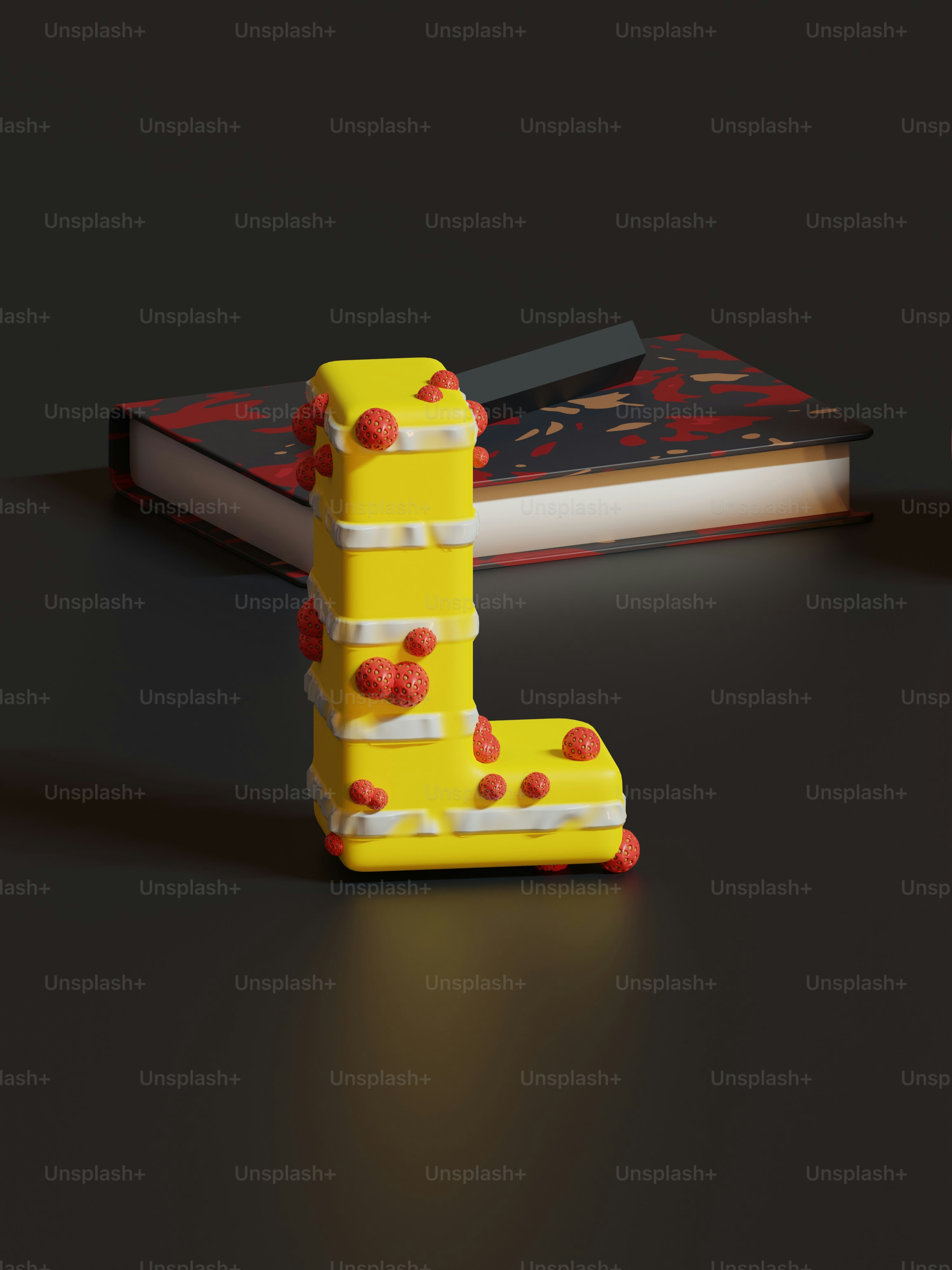 Un pastel amarillo sentado encima de una mesa junto a un libro