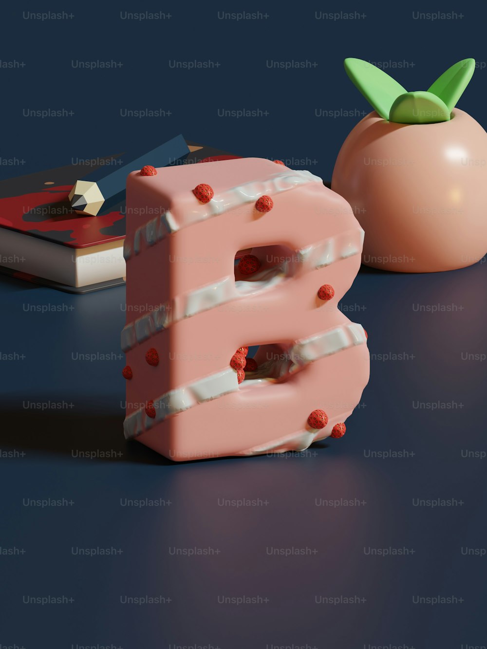 a 3d rendering of the letter b next to a tomato