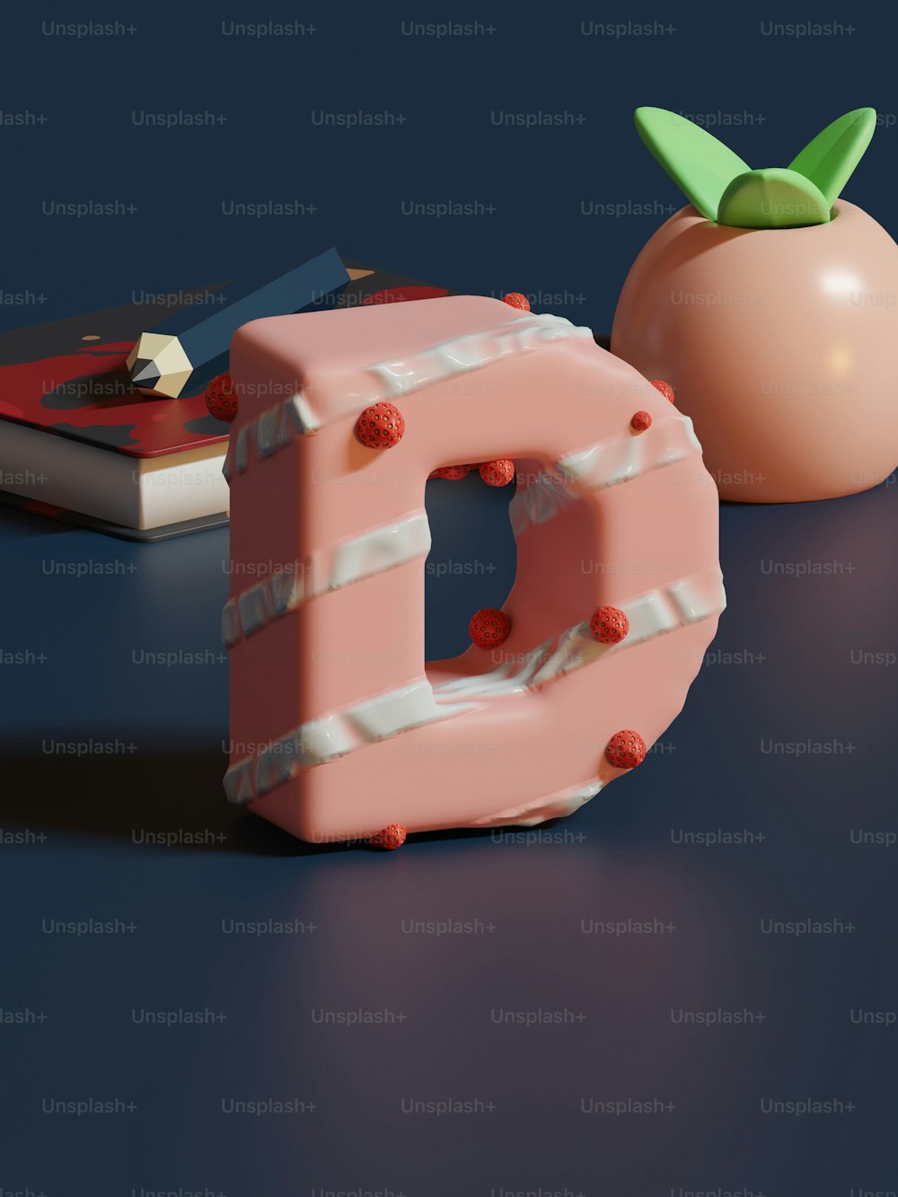 a 3d rendering of the letter d next to an apple