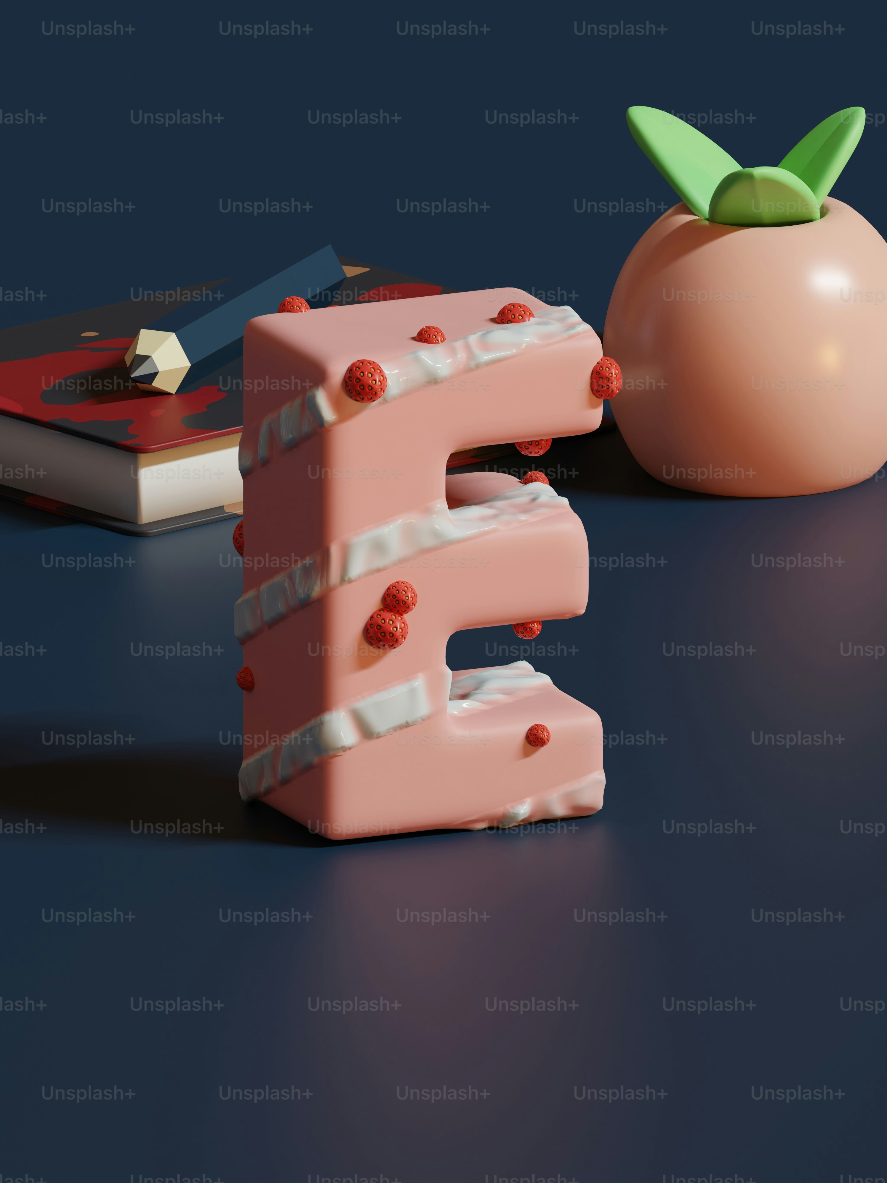 a pink letter e next to a tomato on a table