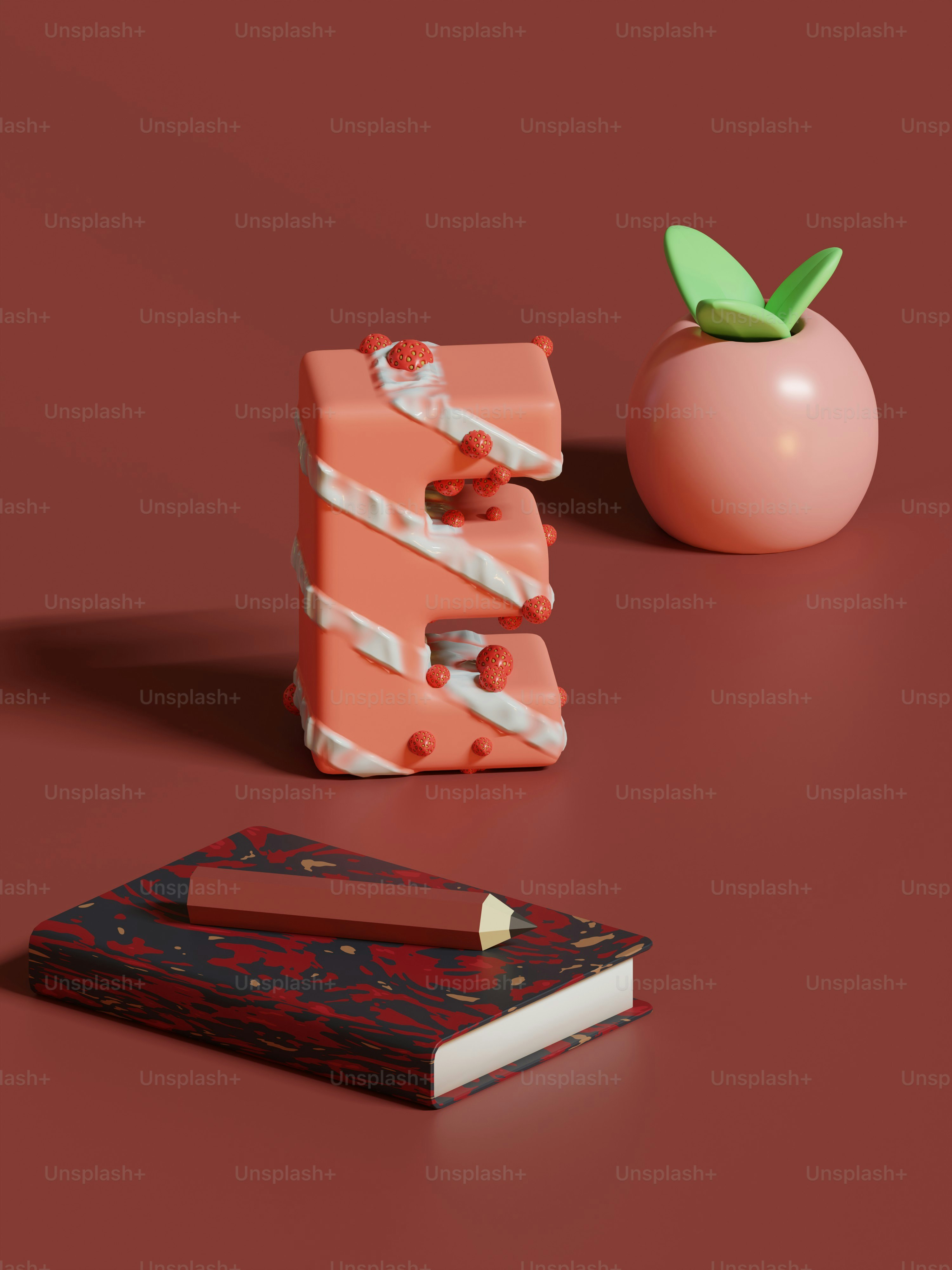 Un pedazo de pastel junto a un tomate sobre una superficie roja