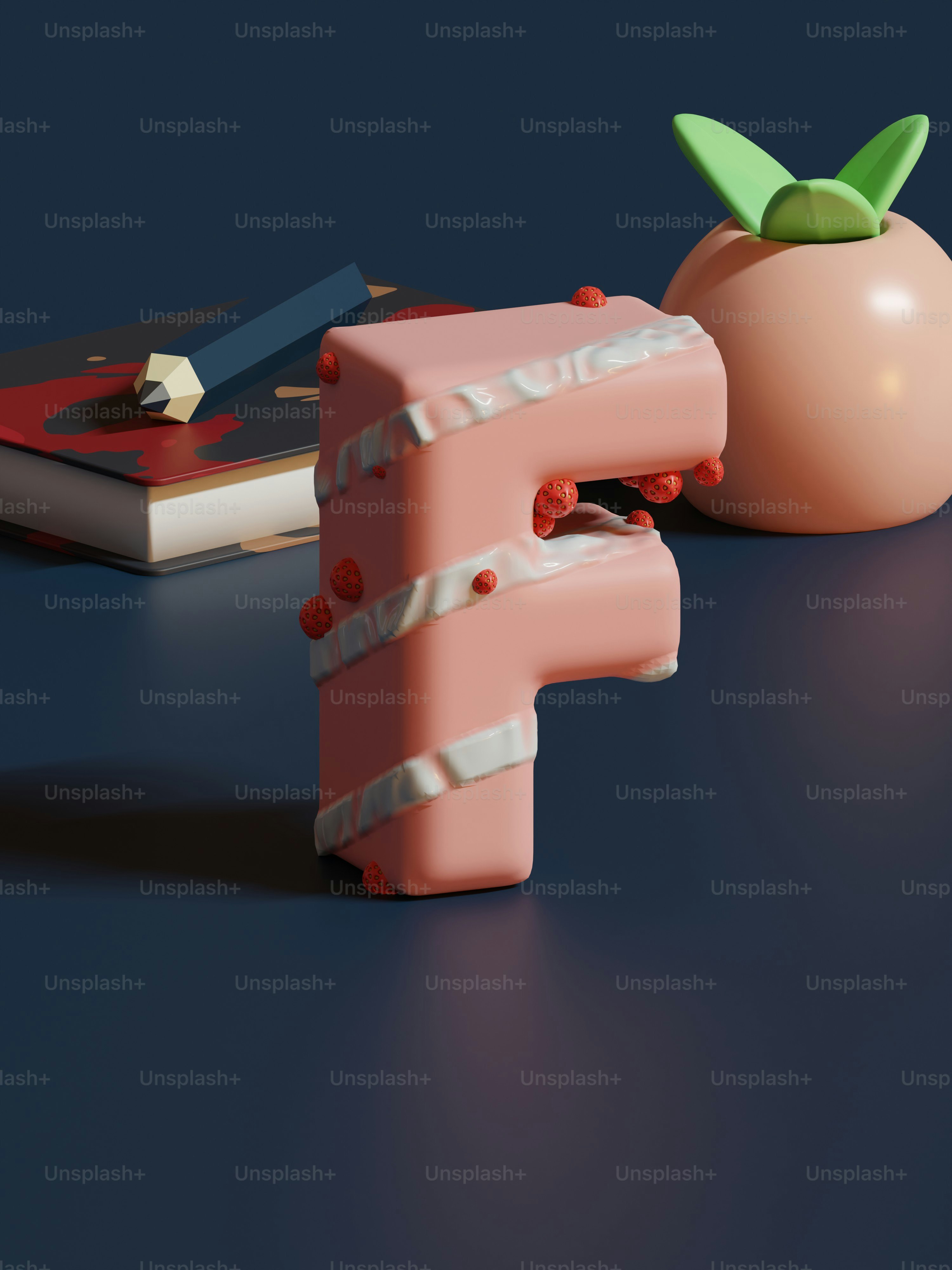 Ein rosa Objekt sitzt neben einem Buch auf einem Tisch