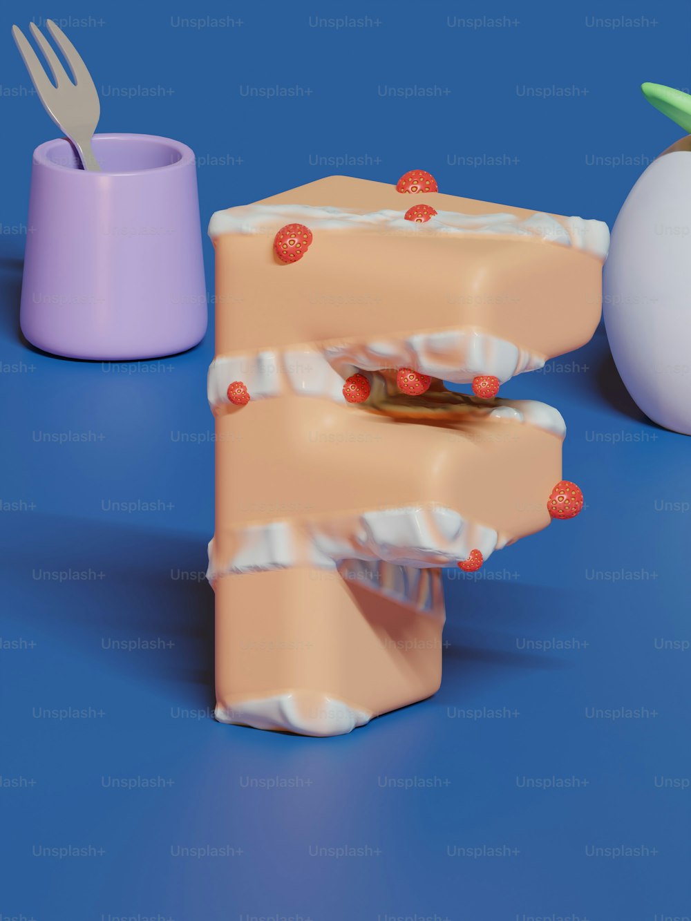 Un modelo 3D de un pedazo de pastel con un tenedor que sobresale de él