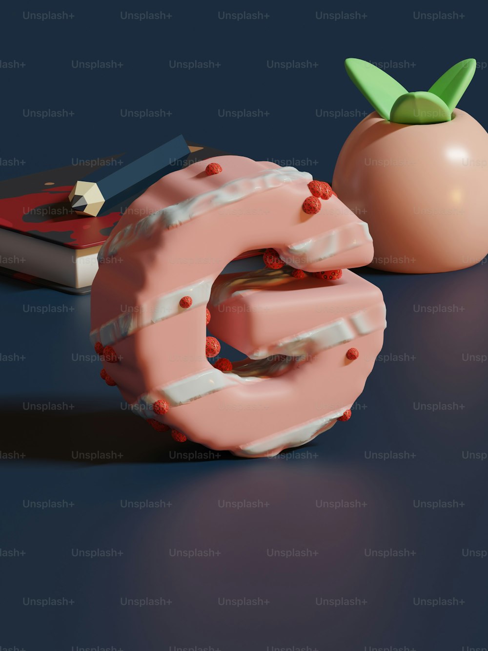 Ein Donut mit einem Bissen herausgenommen neben einem Apfel