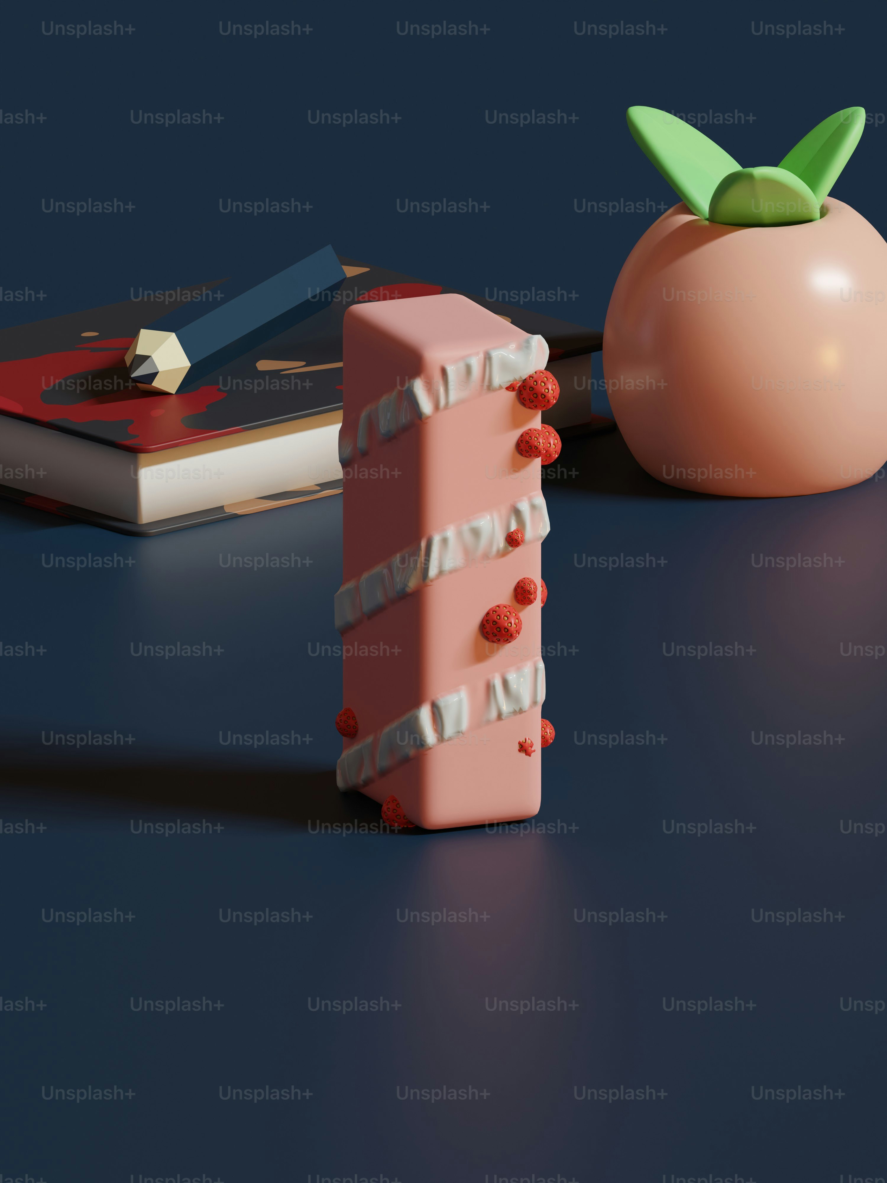 Un pedazo de pastel sentado junto a un tomate
