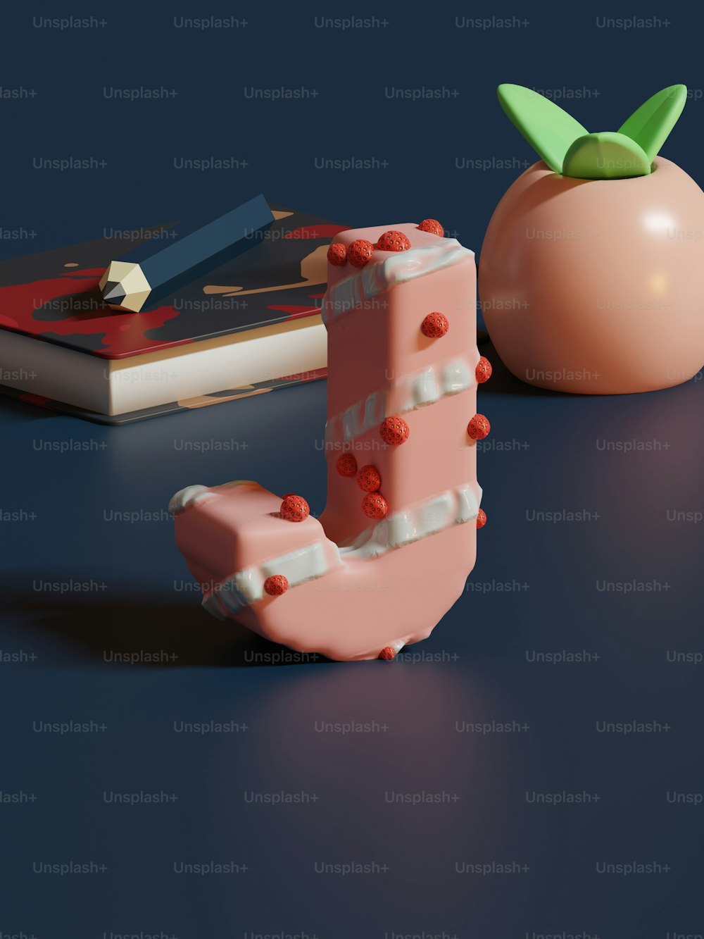 Ein rosa Objekt sitzt neben einem Buch auf einem Tisch