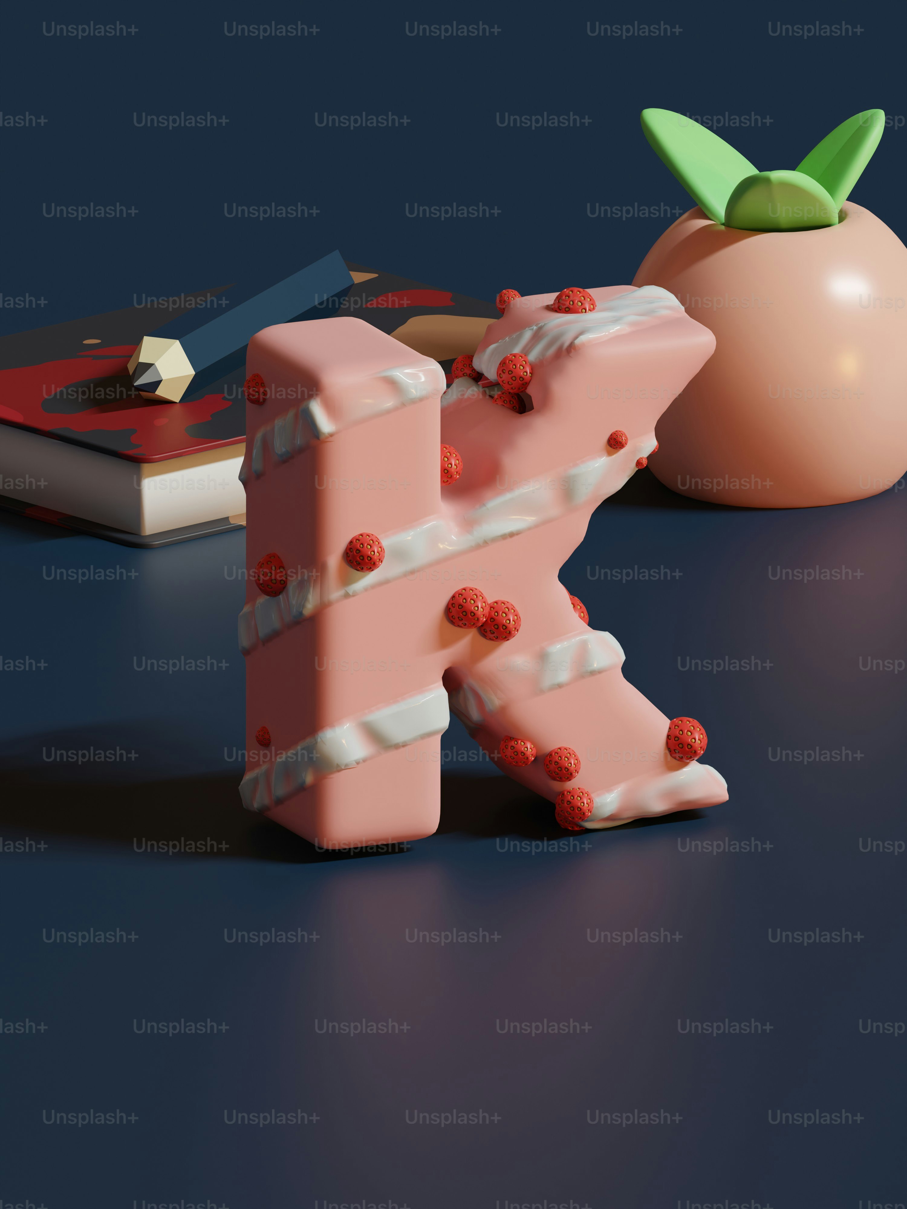 a pink letter k next to a peach and a book
