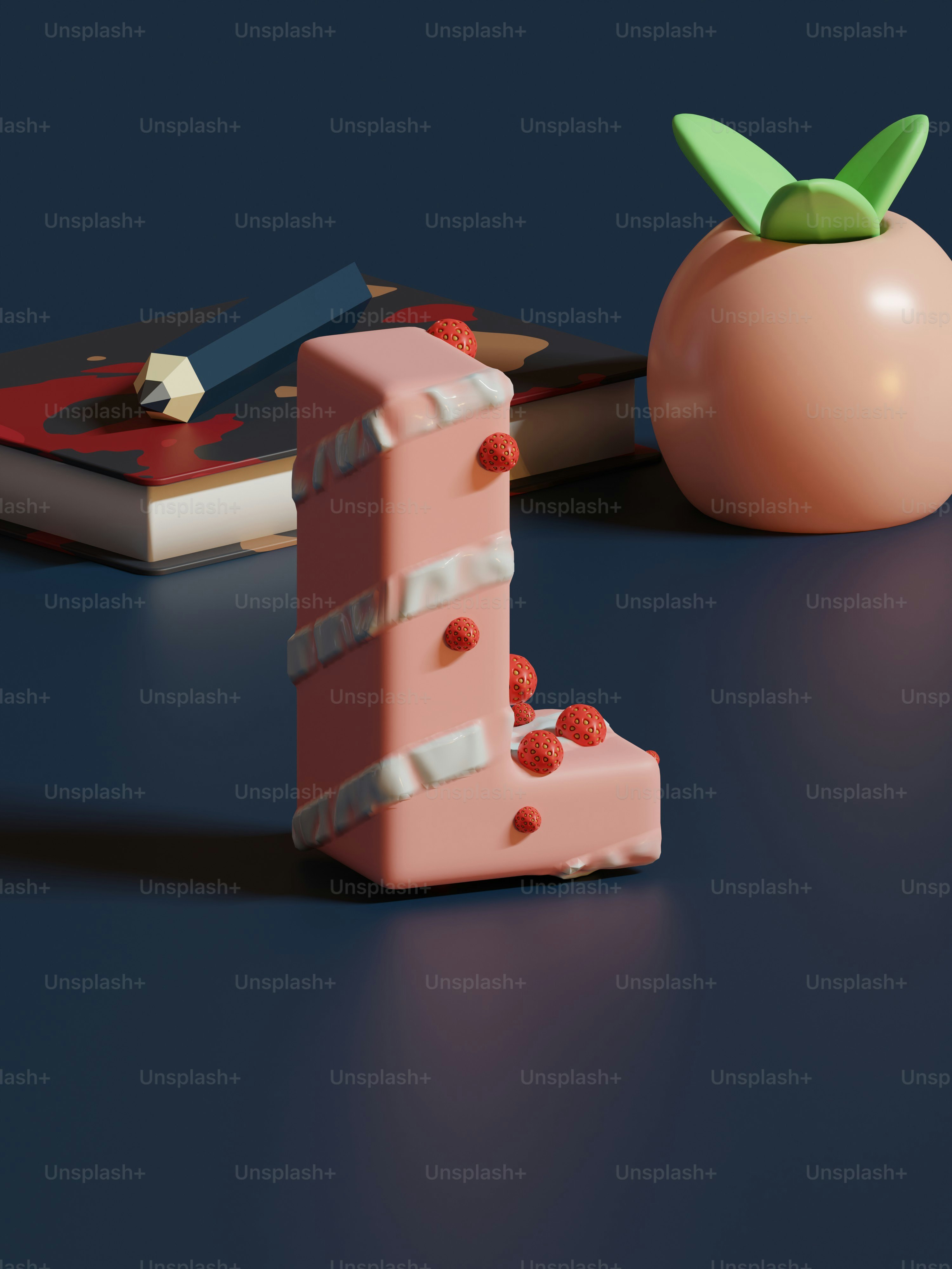 a piece of cake sitting next to a tomato