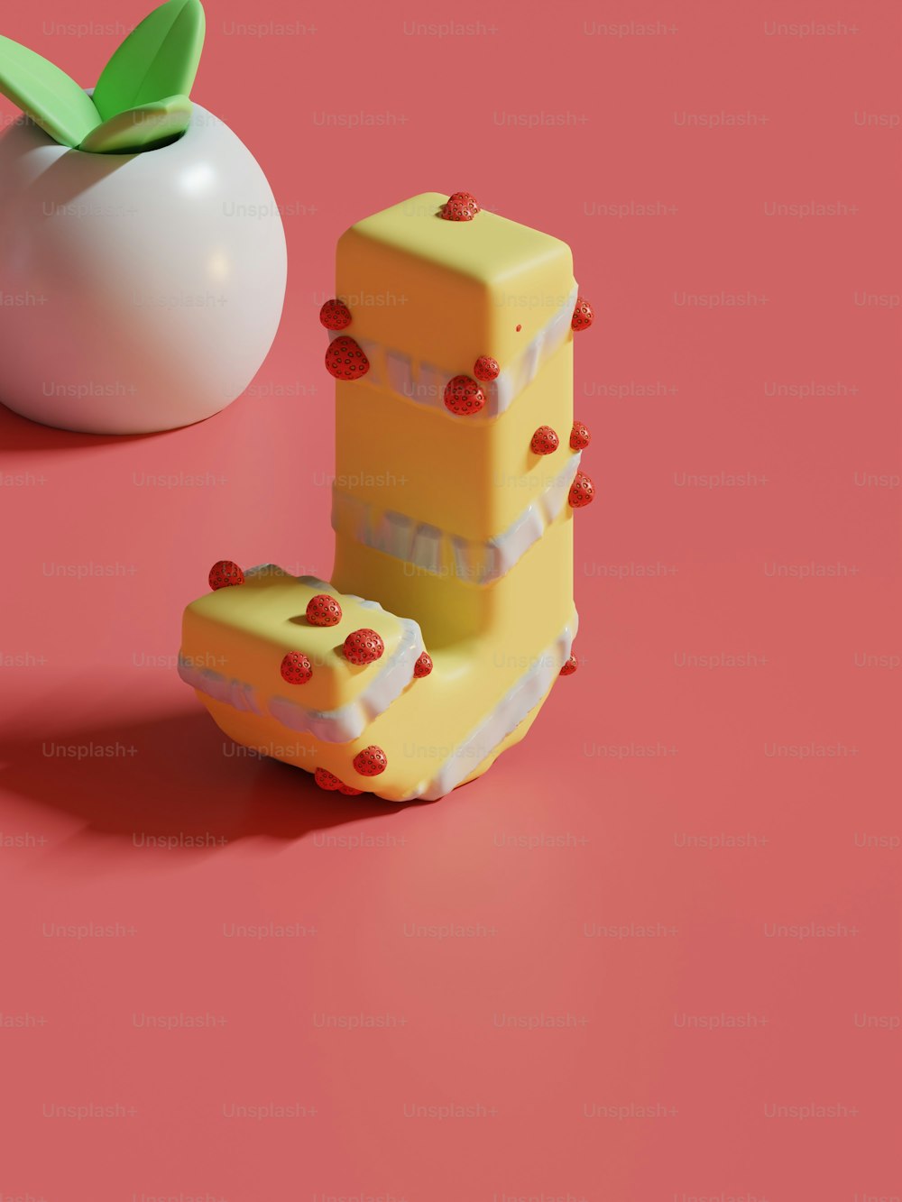a piece of cake next to an apple on a pink surface