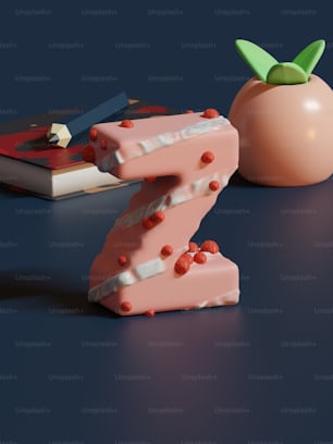 a piece of cake sitting next to a peach