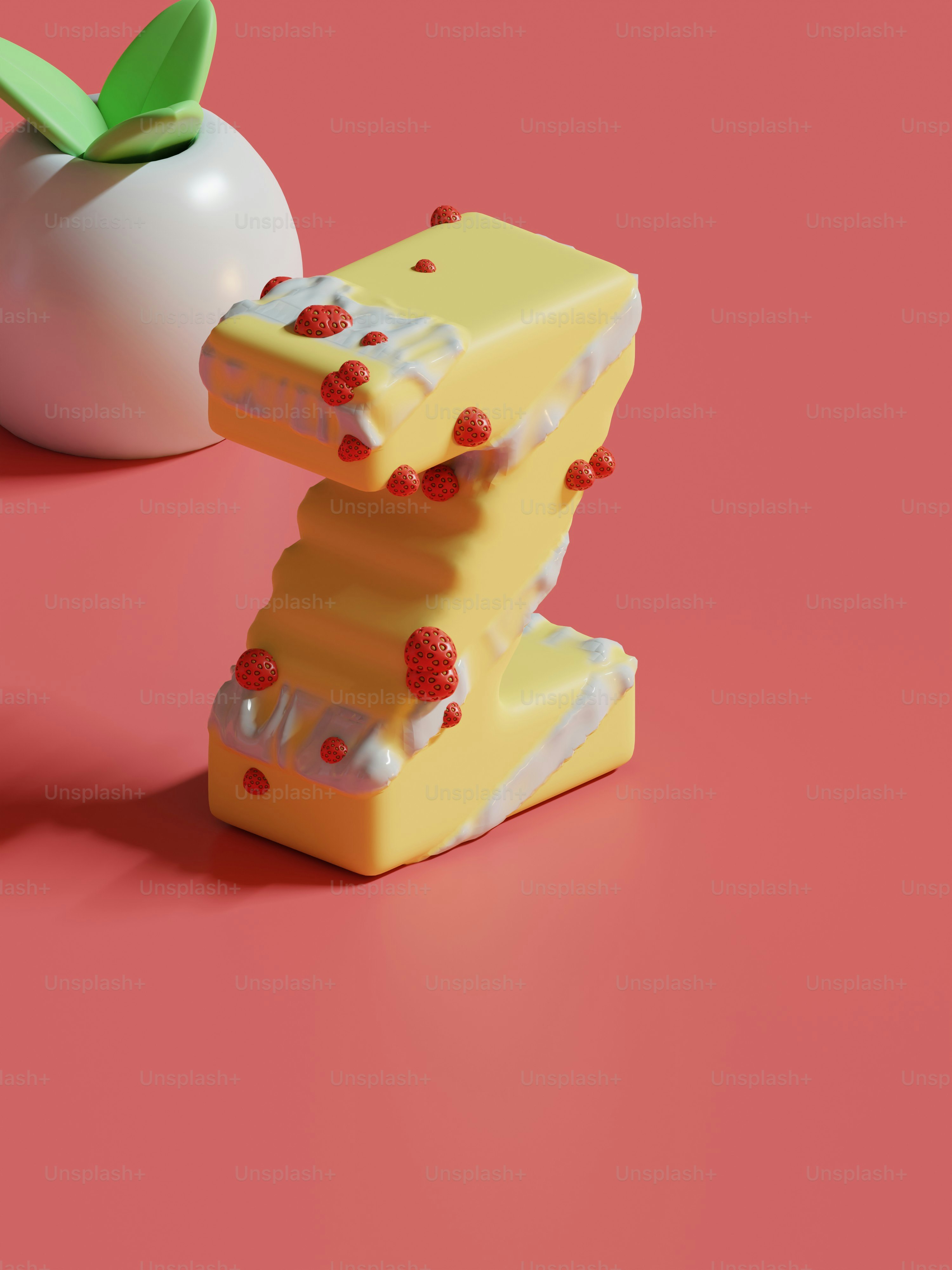 a piece of cake next to an apple on a pink surface