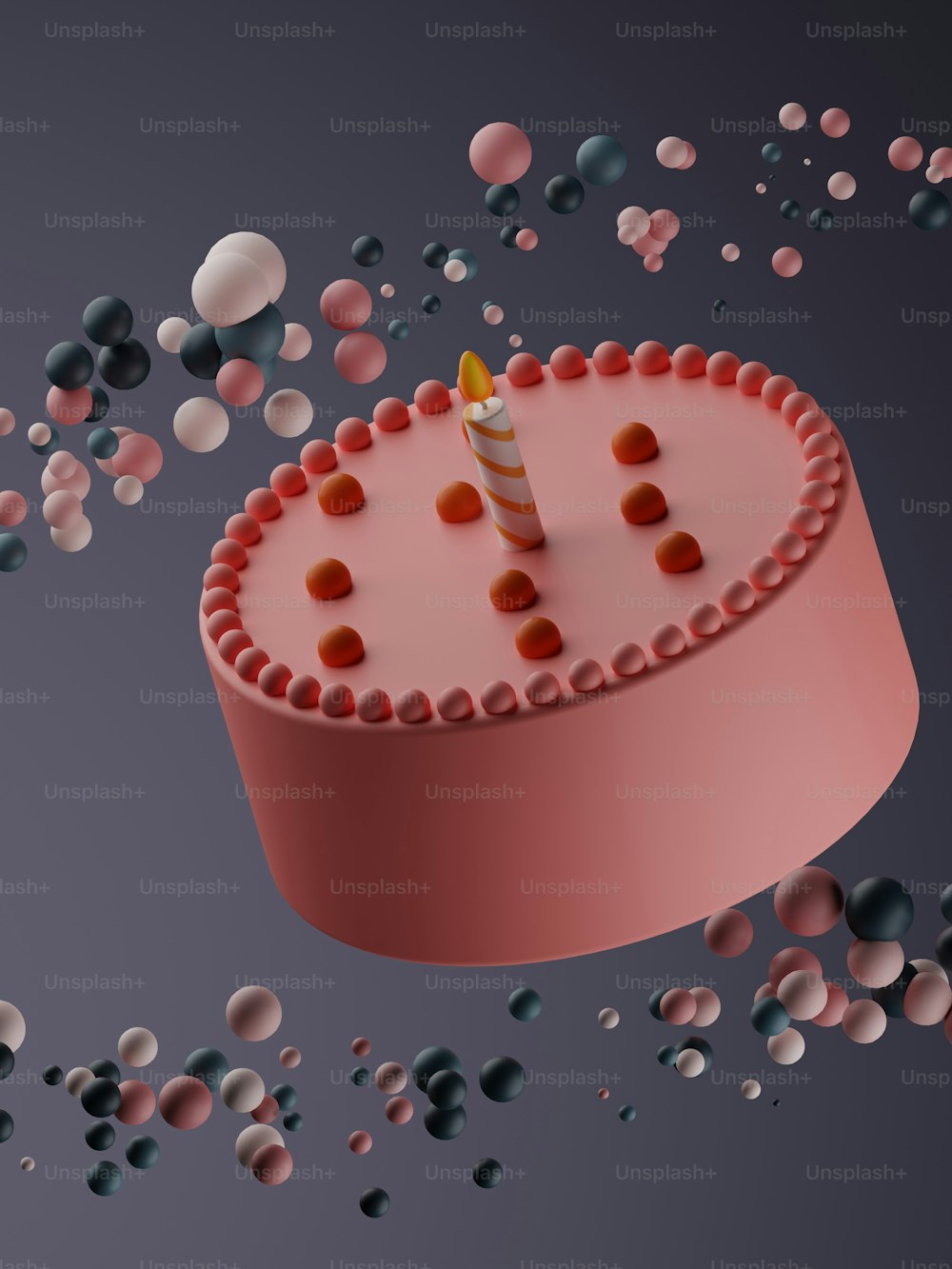a birthday cake with a lit candle surrounded by bubbles