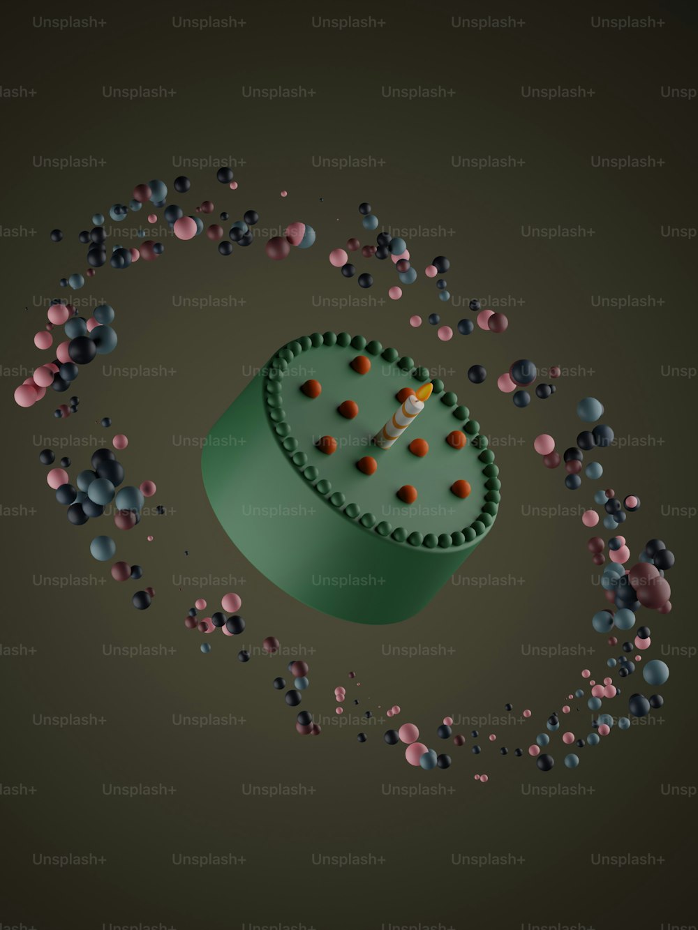 a 3d rendering of a green object surrounded by small objects
