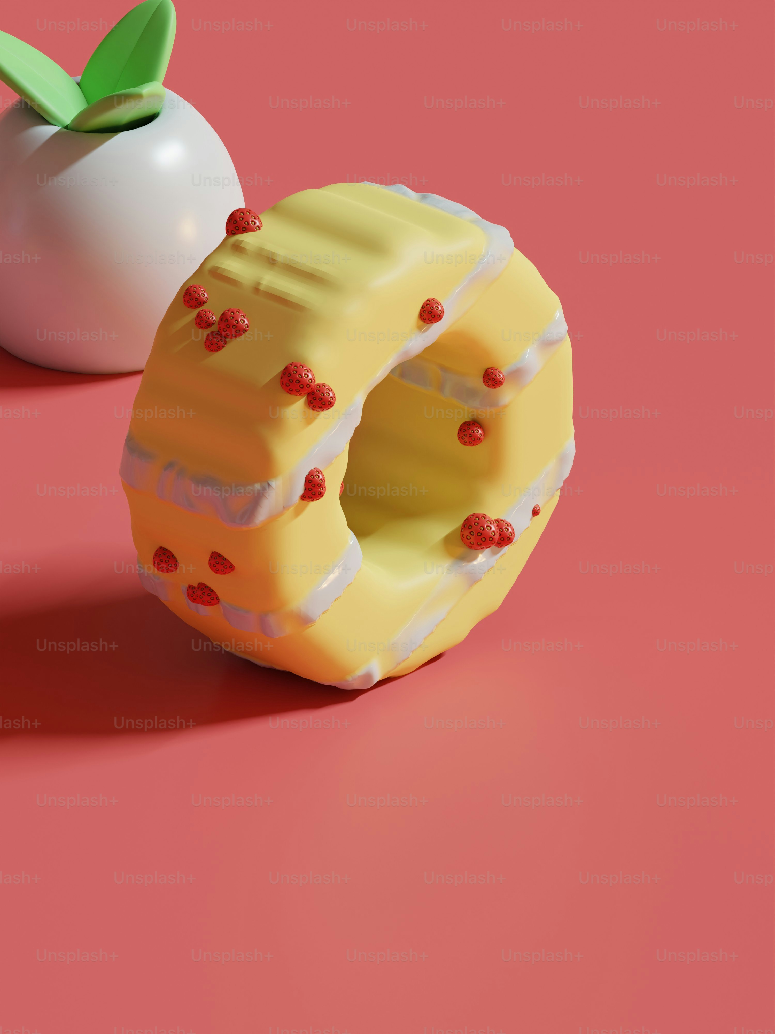 a piece of cake next to an apple on a pink surface