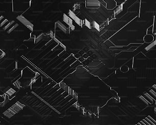 una foto in bianco e nero di un circuito di computer