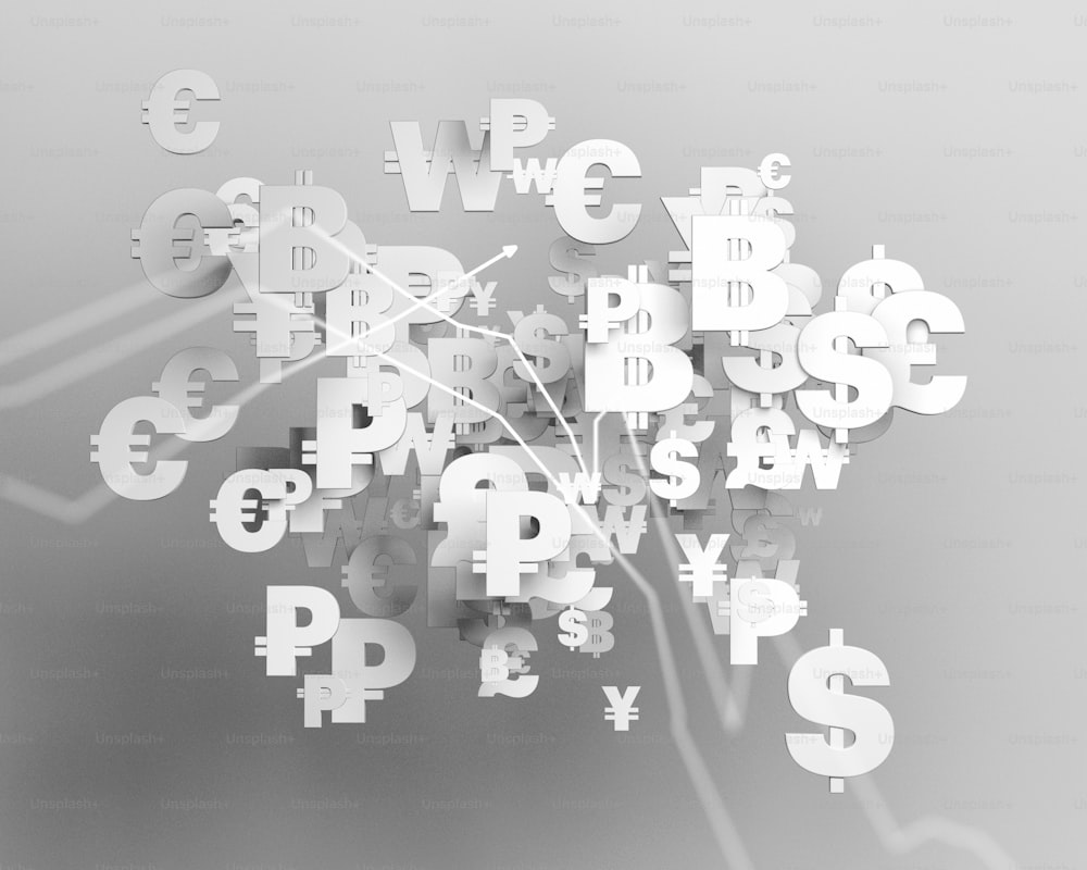 a black and white photo of currency symbols