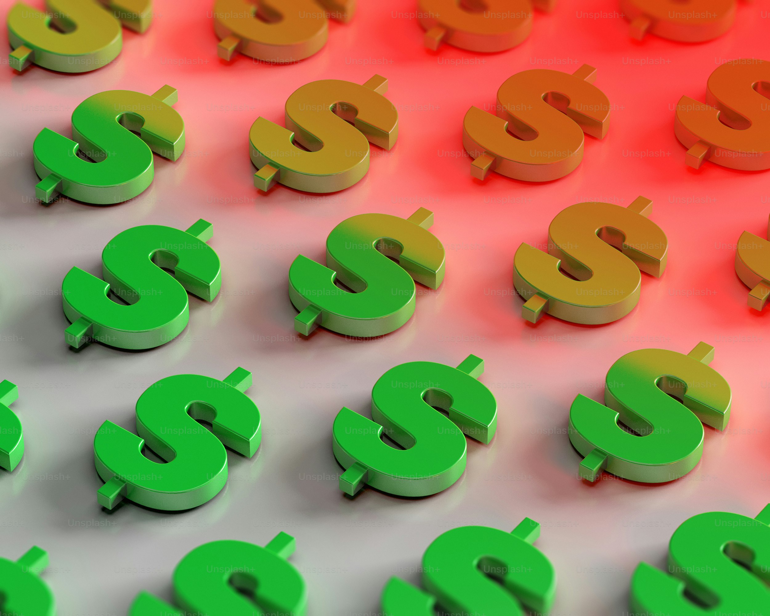 Un gruppo di simboli del dollaro verde e arancione