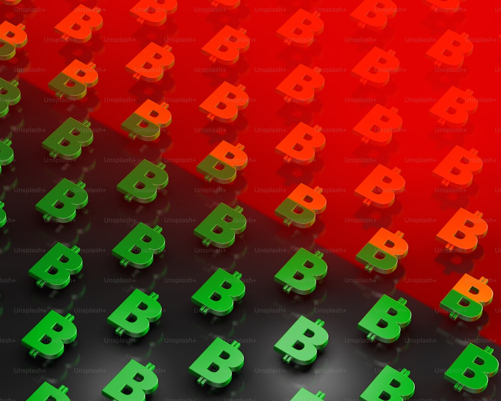 a red and green background with a lot of bitcoins