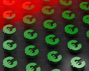 um monte de símbolos de moeda verde em um fundo vermelho e preto