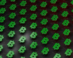 a lot of green bitcoins on a black surface
