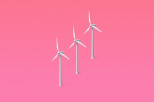 three wind turbines on a pink background