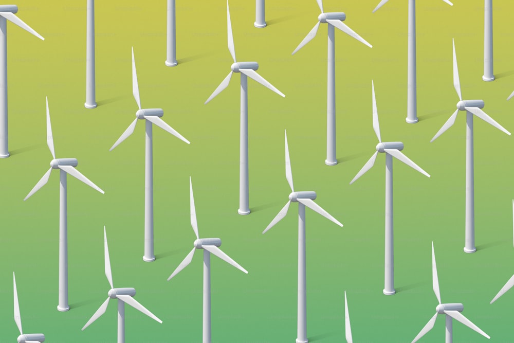a large group of white wind turbines on a green and yellow background