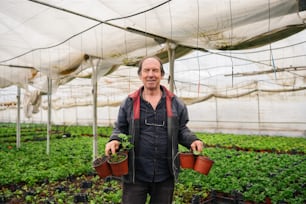 a man holding two buckets of plants in a greenhouse