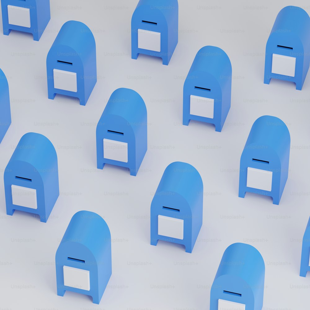 a group of blue chairs sitting next to each other