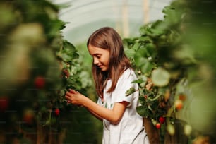Ein kleines Mädchen steht in einem Gewächshaus mit einer Pflanze