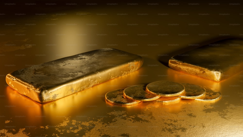 ein Goldbarren und fünf Goldmünzen auf glänzender Oberfläche
