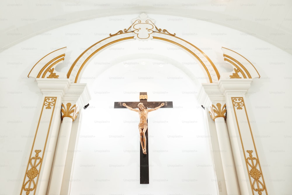a crucifix in the middle of a church
