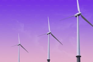 a row of wind turbines against a purple sky