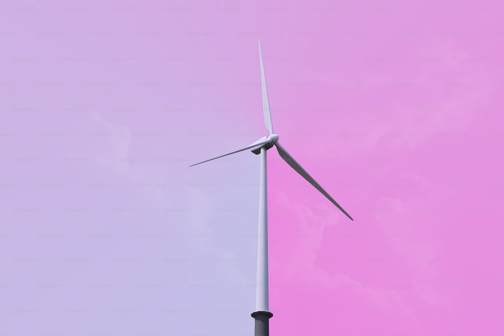 Eine Windkraftanlage vor rosa Himmel