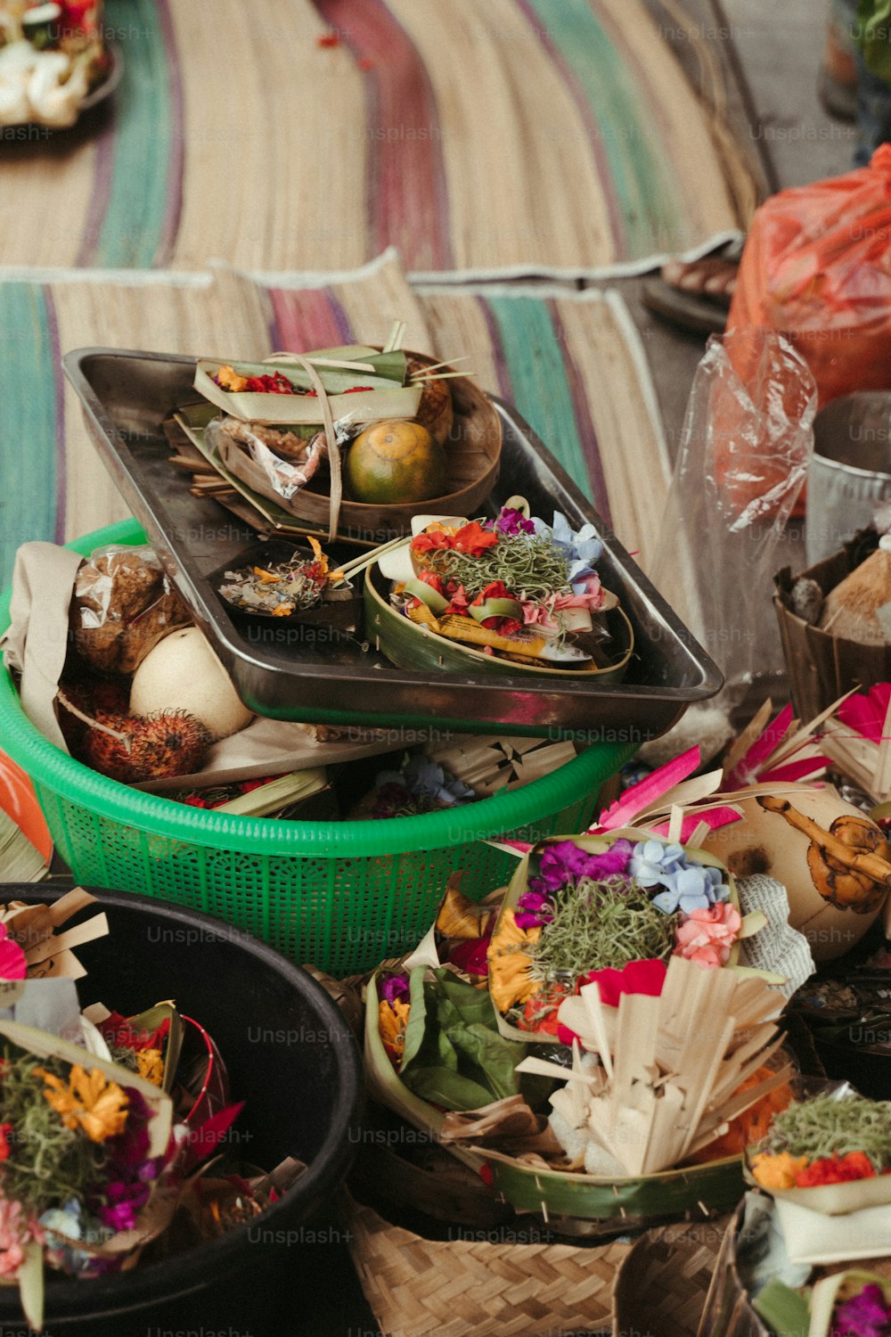 a pile of food sitting on top of a table