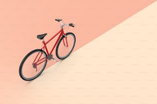 Un vélo rouge se tient sur un fond rose et beige