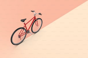 a red bike is standing on a pink and beige background