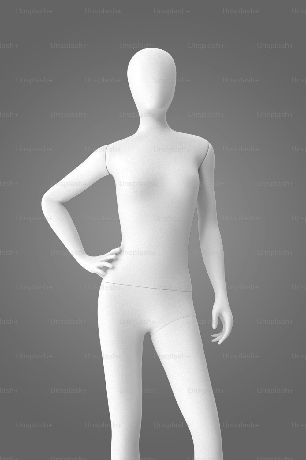 a white mannequin standing with his hands on his hips