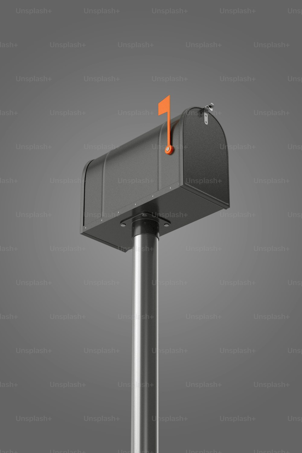 a gray mailbox with an orange post